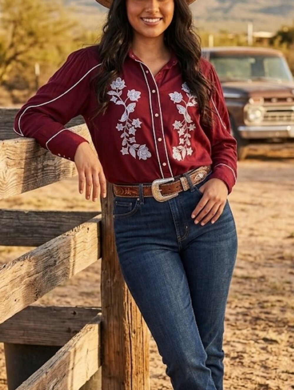 Ariat Burgundy Button-Down Shirt with White Floral Embroidery Size S